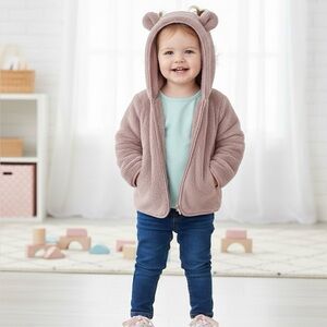 H&M Adorable Mauve Teddy Bear Ear Hoodie - Toddler Girls Warm Fleece Jacket